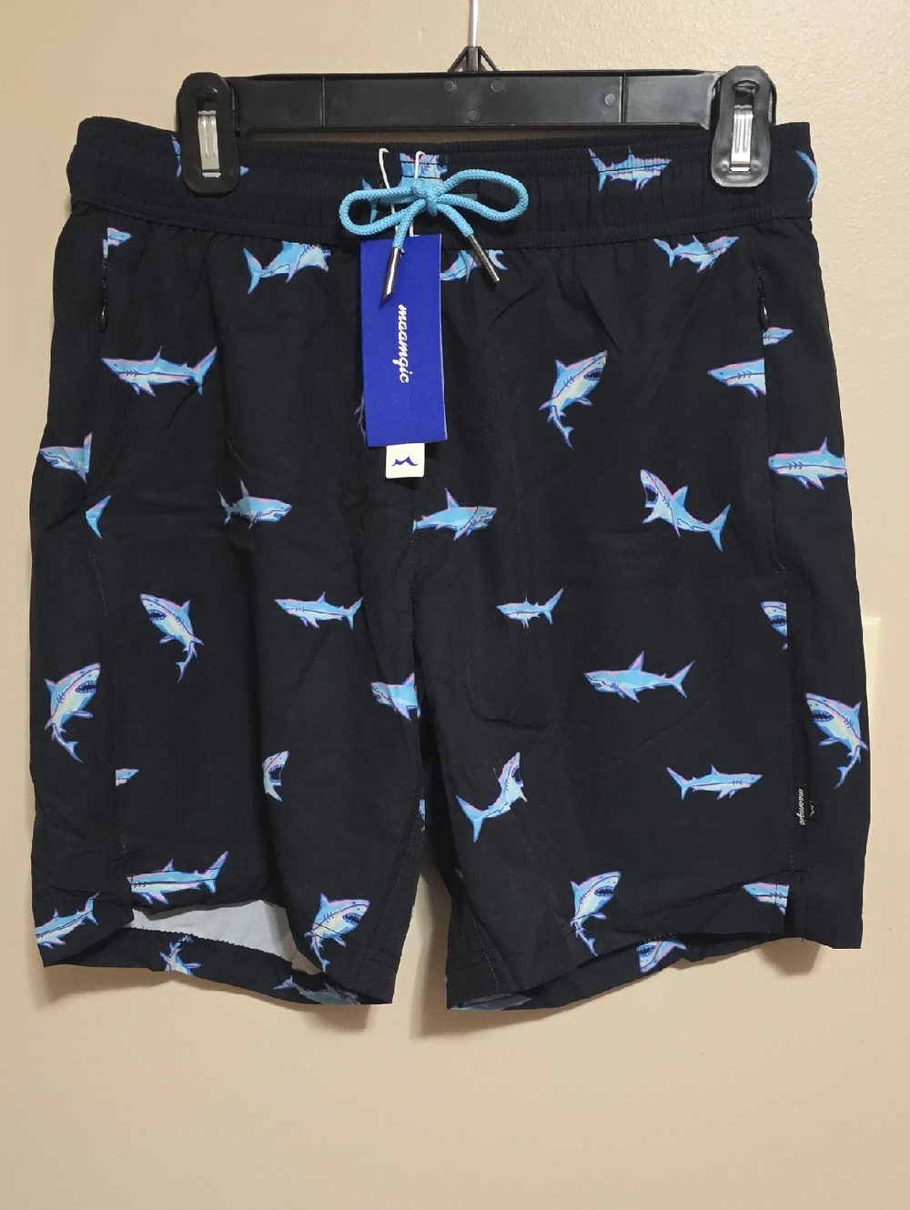 Men's Shark-Pattern Swim Trunks - Navy with Light Blue Sharks